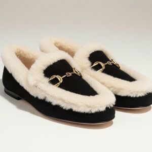 Stuart Weitzman Black and Cream Fur-Trimmed Loafers